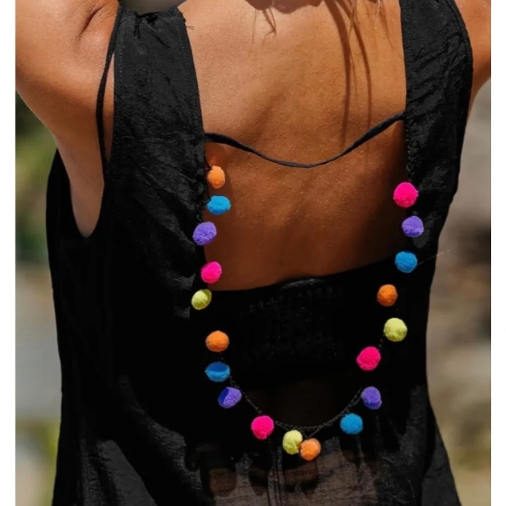 CUPSHE Black Pom Pom‎ Trim Beach Cover Up Dress Open Back Small